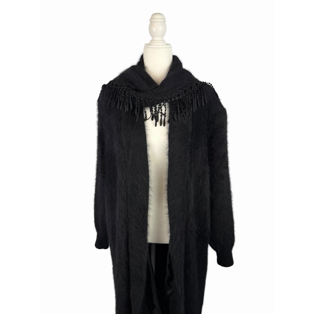 Vintage VENESHA Angora Cardigan Sweater Coat Womens Black Est XL Fringed Scarf
